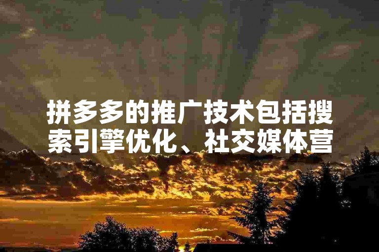 拼多多的推广技术包括搜索引擎优化、社交媒体营销和付费广告等方法。